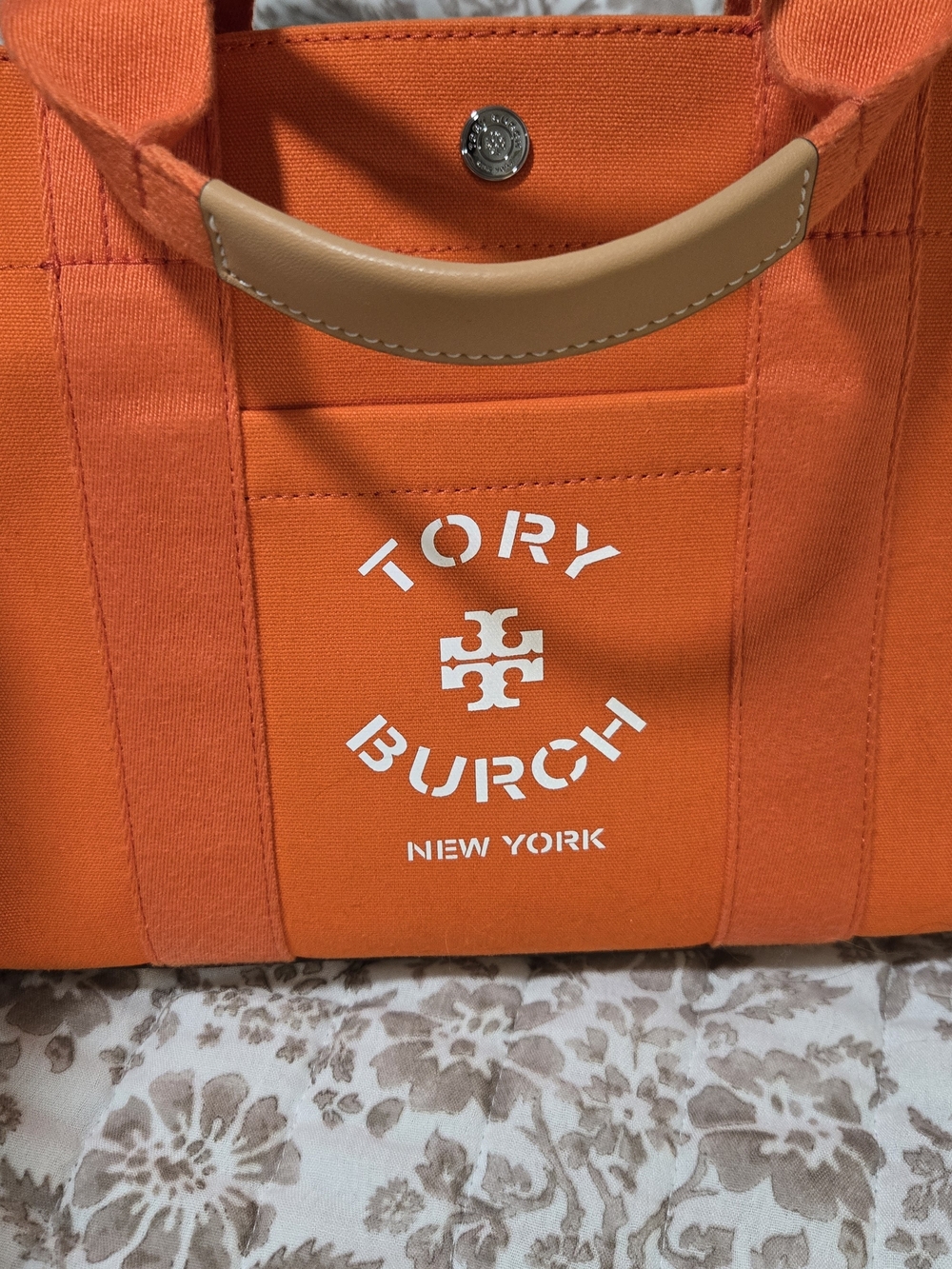 Tory Burch Orange Canvas Tote with Tan Leather Handle and White Logo